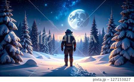 Man walking in snowy winter mountain forest landscape 127153827