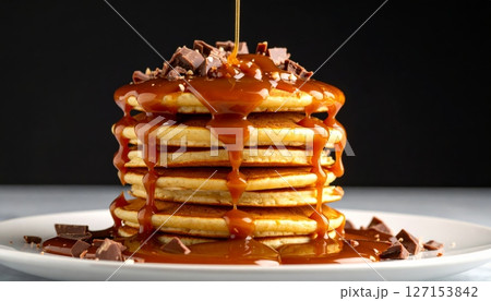 Delicious stack of homemade chocolate pancakes with nuts for breakfast or dessert Delicious stack of homemade chocolate pancakes with nuts for breakfast or dessert 127153842