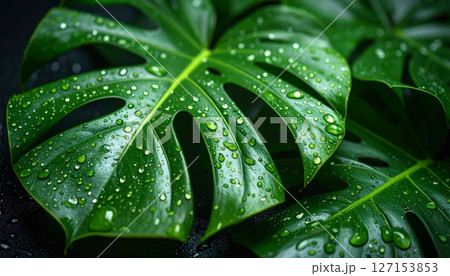Green leaf texture with refreshing water drops 127153853