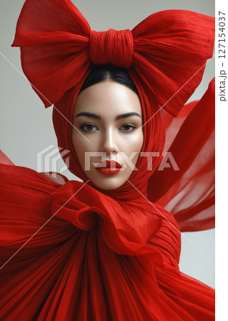 pretty young woman in unusual silk red Hat pretty young woman in unusual silk red Hat 127154037
