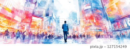 ビジネス街を歩くスーツを着たビジネスマン（イラスト） 127154249