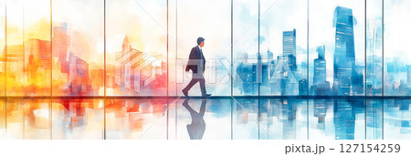 ビジネス街を歩くスーツを着たビジネスマン（イラスト） 127154259