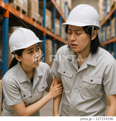 倉庫内で体調を崩している作業者に声をかけている作業者に声をかけている 倉庫内で体調を崩している作業者に声をかけている作業者に声をかけている 127154296