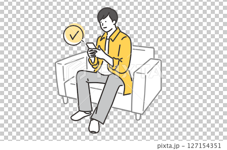 Illustration material of a young man sitting on a sofa and operating a smartphone Illustration material of a young man sitting on a sofa and operating a smartphone 127154351