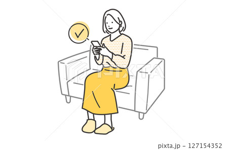 ソファに座ってスマホを操作する若い女性のイラスト素材 127154352