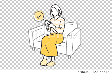 ソファに座ってスマホを操作する若い女性のイラスト素材 127154352
