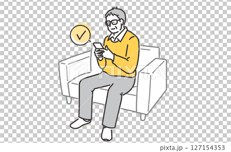 ソファに座ってスマホを操作するシニア男性のイラスト素材 127154353