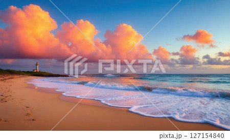 灯台と夕焼け雲が彩る海岸の風景 127154840