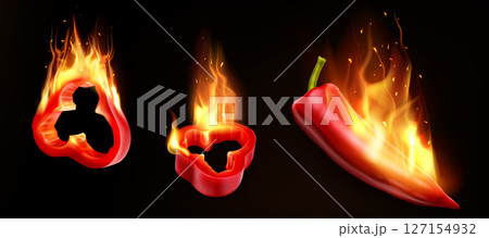 Realistic red pepper in bright orange fire flames 127154932