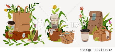 Takeaway paper package with botanical elements 127154942