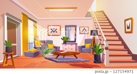 Man sits in living room while green frog jumps 127154971