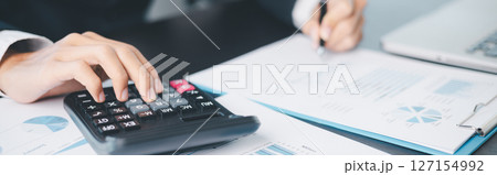 Banner shot of business growth invest money in stock market, financial banking expertise to income substantial stack of investment capitalize on trade opportunities within economy return. copy space 127154992