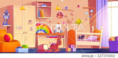 Mouse chewing on bedding in crib in kid room Mouse chewing on bedding in crib in kid room 127155002