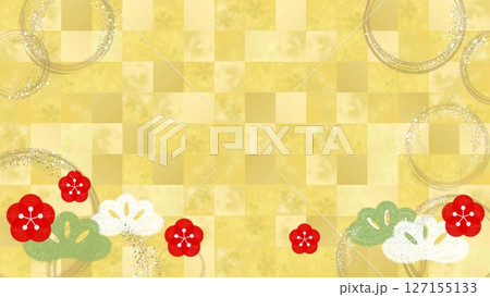 金箔に梅と松の和風背景イラスト、高級感。 127155133