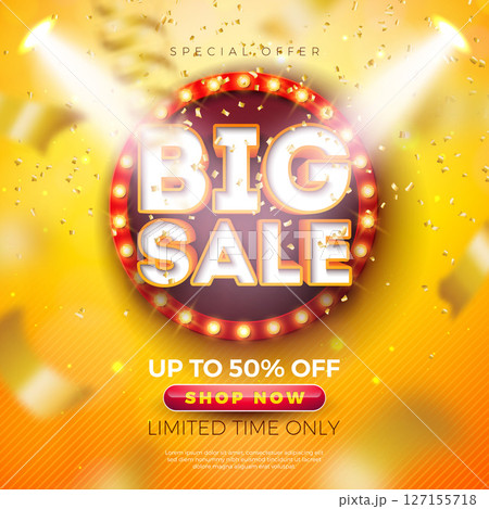 Shopping Day Big Sale Banner Design with Light Bulb Billboard and 3d Text Label on Yellow Falling Confetti Background. Vector Special Offer Campaign Discount Illustration for Coupon, Voucher, Banner 127155718