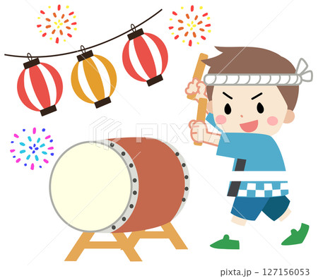 夏祭りで太鼓を叩く子供のイラスト 127156053