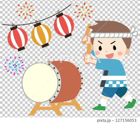 夏祭りで太鼓を叩く子供のイラスト 127156053