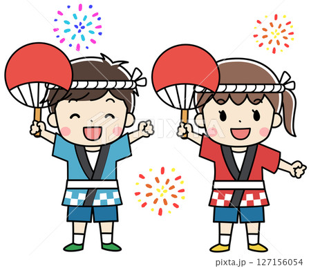 夏祭りで法被をきた笑顔の子供たちのイラスト 127156054