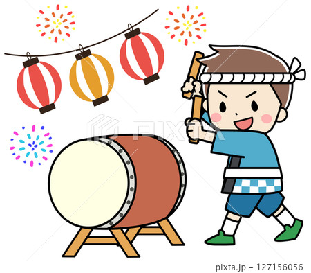 夏祭りで太鼓を叩く子供のイラスト 127156056