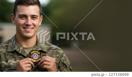 Young man in uniform, patch for public service. Honor service, dedication. Service to country 127156099