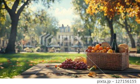 Picnic basket with fruits and wine in autumn park 127156155