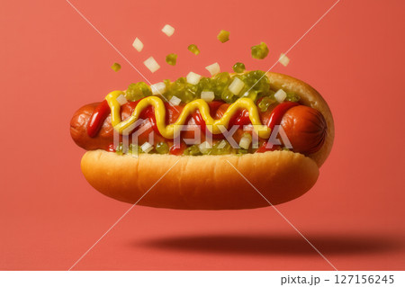 Classic Hot Dog with Mustard, Ketchup, Relish, and Onions on Vibrant Background 127156245