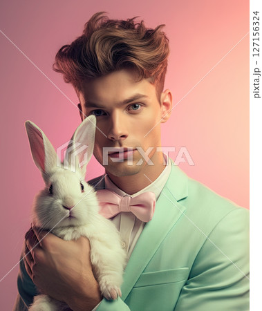 Handsome young man fashion model wearing mint suit holding a Easter Bunny in hands. Generative Ai 127156324