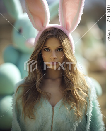 Young girl wearing Bunny costume and ears. Easter concept design. Ai Generative 127156333