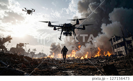 軍用ドローンと現代戦のイメージ,Generative AI,AI画像 127156473