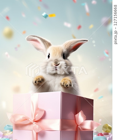 Bunny rabbit jumping out of gift box. Happy Easter. Holiday card design. Ai Generative 127156668