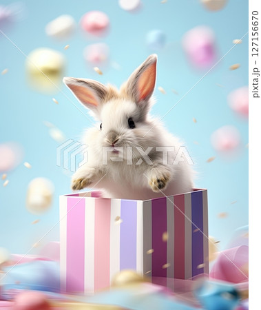 Bunny rabbit jumping out of gift box. Happy Easter. Holiday card design. Ai Generative 127156670