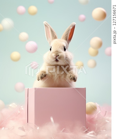 Bunny rabbit jumping out of gift box. Happy Easter. Holiday card design. Ai Generative 127156671