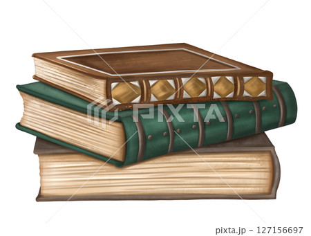 Pile of vintage antique historical books with aged pages. Decoration with gold metal in vintage gothic old victorian design. Archive, Royal library, ornament cover. Illustration on white background 127156697