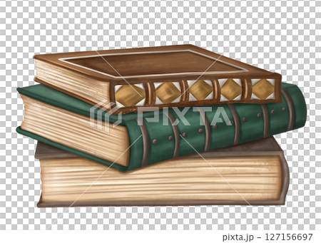 Pile of vintage antique historical books with aged pages. Decoration with gold metal in vintage gothic old victorian design. Archive, Royal library, ornament cover. Illustration on white background 127156697