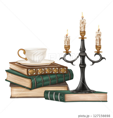 A vintage composition of old ornate hardback books in a stack, a black metal candelabra with candles and a porcelain cup of tea. Ancient literature, study, writing, and history. Isolated illustration 127156698