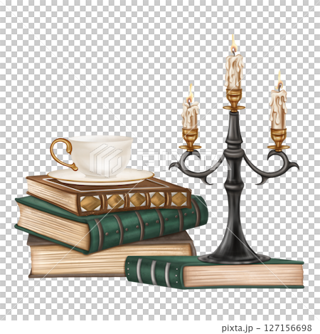 A vintage composition of old ornate hardback books in a stack, a black metal candelabra with candles and a porcelain cup of tea. Ancient literature, study, writing, and history. Isolated illustration 127156698