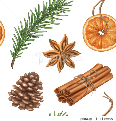 Seamless Christmas pattern made of natural organic decorations, pine branch, cone, orange, cinnamon. Sustainable Christmas celebration, winter recyclable materials. Hand drawn drawing, background 127156699