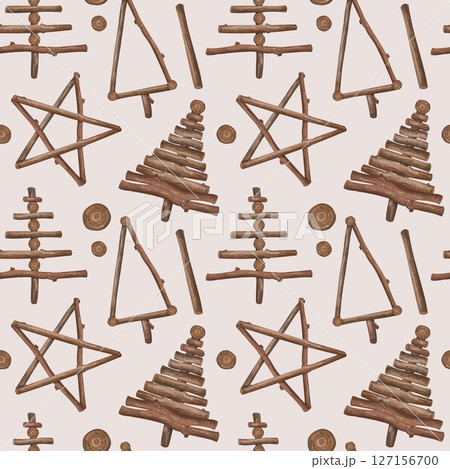 Seamless Christmas pattern made of natural organic decorations. Wooden sticks, branches in shape of stars and fir trees. Sustainable Christmas celebration, recyclable materials. Hand drawn background 127156700