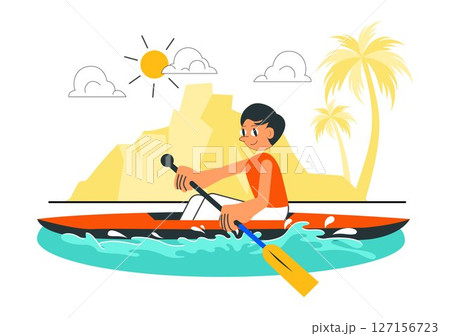 People Enjoying Rowing Vector Illustration Featuring Canoes and Sailing on a River or Lake as Part of Active Water Sports in a Flat Style Background 127156723