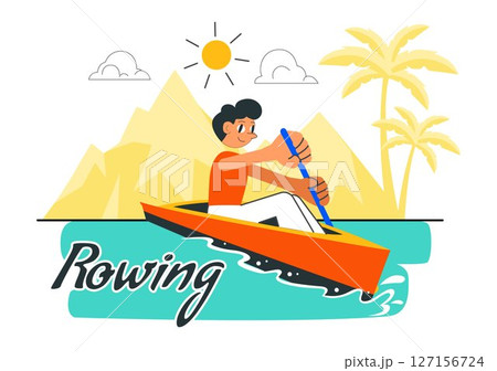 People Enjoying Rowing Vector Illustration Featuring Canoes and Sailing on a River or Lake as Part of Active Water Sports in a Flat Style Background 127156724