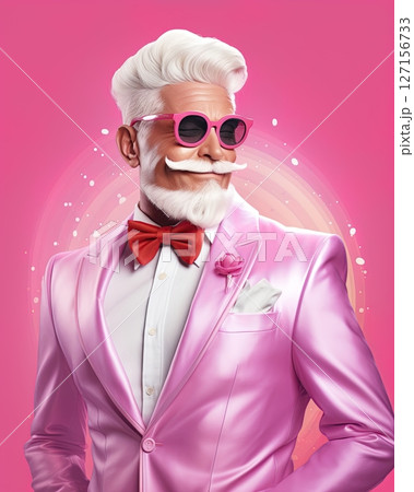 Gay fashion model with white hair and beard wearing pink suit posing. LGBT, Homosexual concept. Ai Generative Gay fashion model with white hair and beard wearing pink suit posing. LGBT, Homosexual concept. Ai Generative 127156733