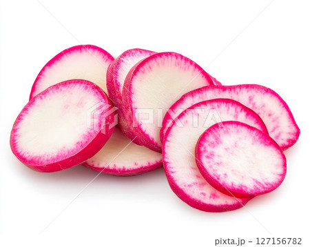 Sliced crunchy radish on white background 127156782