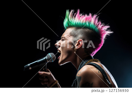 Punk rockstar singer singing into a microphone. Ai Generative 127156930