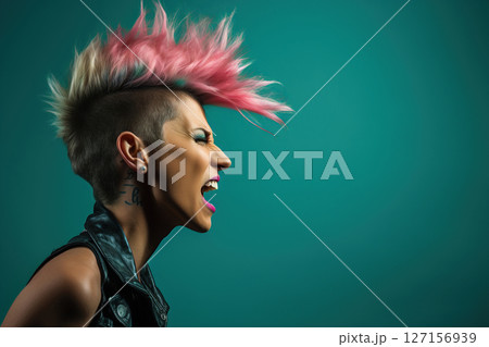 Girl with pink mohawk hairstyle screaming. Generative Ai Girl with pink mohawk hairstyle screaming. Generative Ai 127156939