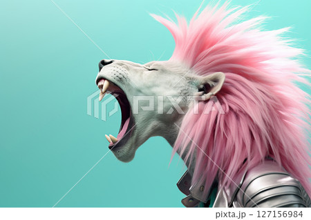Lion rockstar with pink mane and leather jacket roaring. Generative Ai 127156984