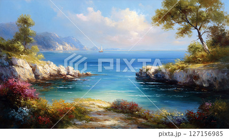 青い海と白い石灰岩の入り江 AI画像 青い海と白い石灰岩の入り江 AI画像 127156985