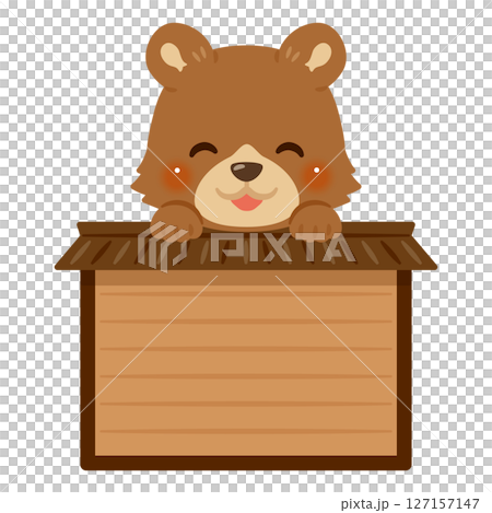 Smiling bear character illustration riding on a wooden sign 127157147
