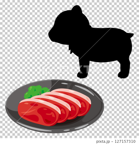 Bear meat served on a plate and silhouette illustration of a bear 127157310