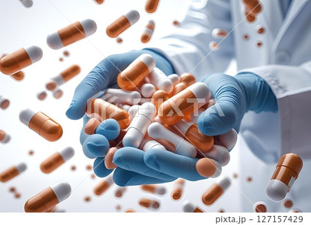 白バックでたくさんのカプセル薬を持つ研究者の手 白バックでたくさんのカプセル薬を持つ研究者の手 127157429