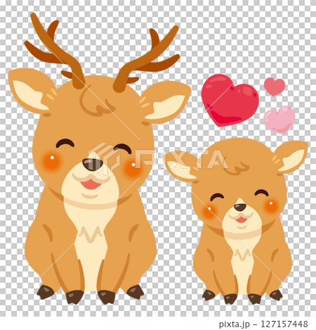 Illustration of a smiling deer parent and child sitting 127157448